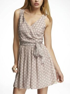 Express Champagne Beige Polka Dot Sleeveless Belted Mini Dress 8 Classic Retro